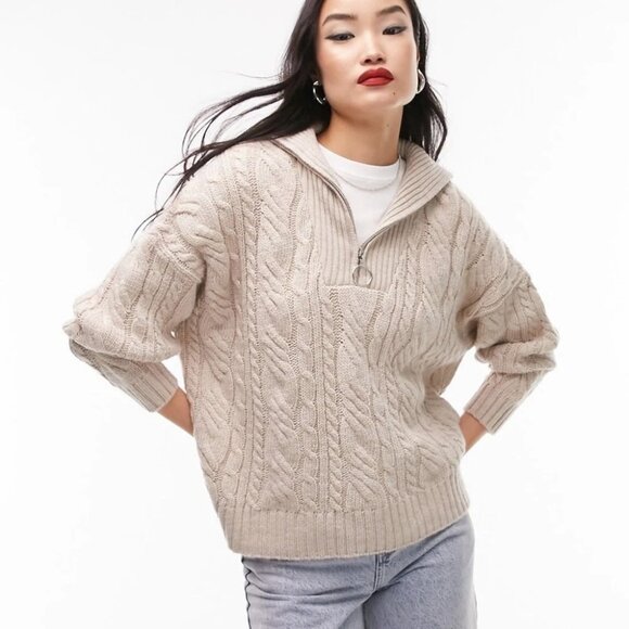 Topshop Cable Knit Oversized Zip Collar Sweat Oat Size 12 - Picture 1 of 12